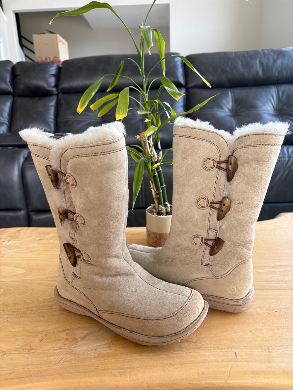 Born Women's Light Beige Suede Shearling Toggle Boots